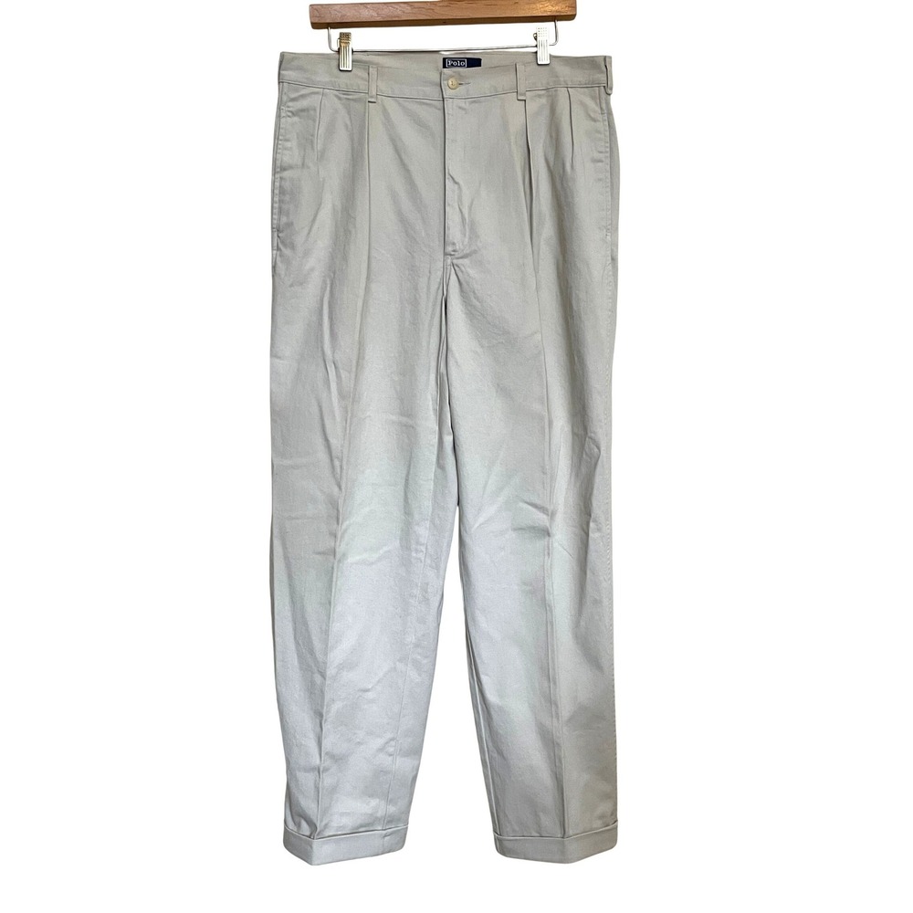 Vintage Polo Ralph Lauren Chino Pants Mens 35x30 Khaki Pleated Cuffed Made USA